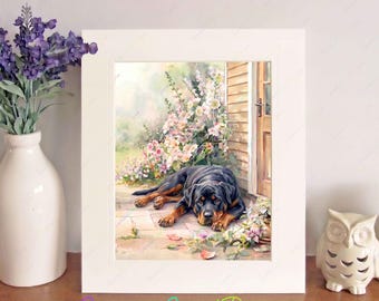 Rottweiler Watercolour Print, Free-Standing 10" x 8" Picture Mount, Dog Wall Art, Birthday/Christmas/New Home Gift, Home Decor