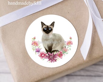 Siamese kattenstickers, 40 mm (1,5 inch), matte afwerking, 48 stickers (2 A4-vellen), ronde labels voor envelopzegels/cadeaus