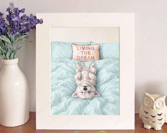 West Highland White Terrier Living The Dream Watercolour Print, Free-Standing 10"x8" Picture Mount, Cosy Dog Image, Fun Westie Birthday Gift