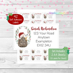 Etiquetas de dirección personalizadas de Navidad con forma de erizo, 42 pegatinas de devolución personalizadas, juego festivo divertido que incluye 2 hojas A4 (21 por hoja)