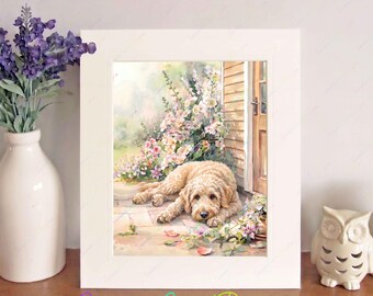 Goldendoodle Watercolour Print in a Free-Standing 10" x 8" Picture Mount, Dog Wall Art, Birthday/Christmas/New Home Gift, Doodle Home Decor
