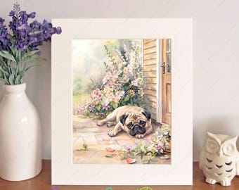 Pug Watercolour Print, Free-Standing 10" x 8" Picture Mount, Dog Wall Art, Birthday/Christmas/New Home Gift, Home Decor
