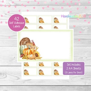 May include: A set of 42 self-adhesive labels featuring a watercolour illustration of a Thanksgiving turkey, pumpkins, pie, and sunflowers. The labels are printed on two A4 sheets, with 21 labels per sheet.