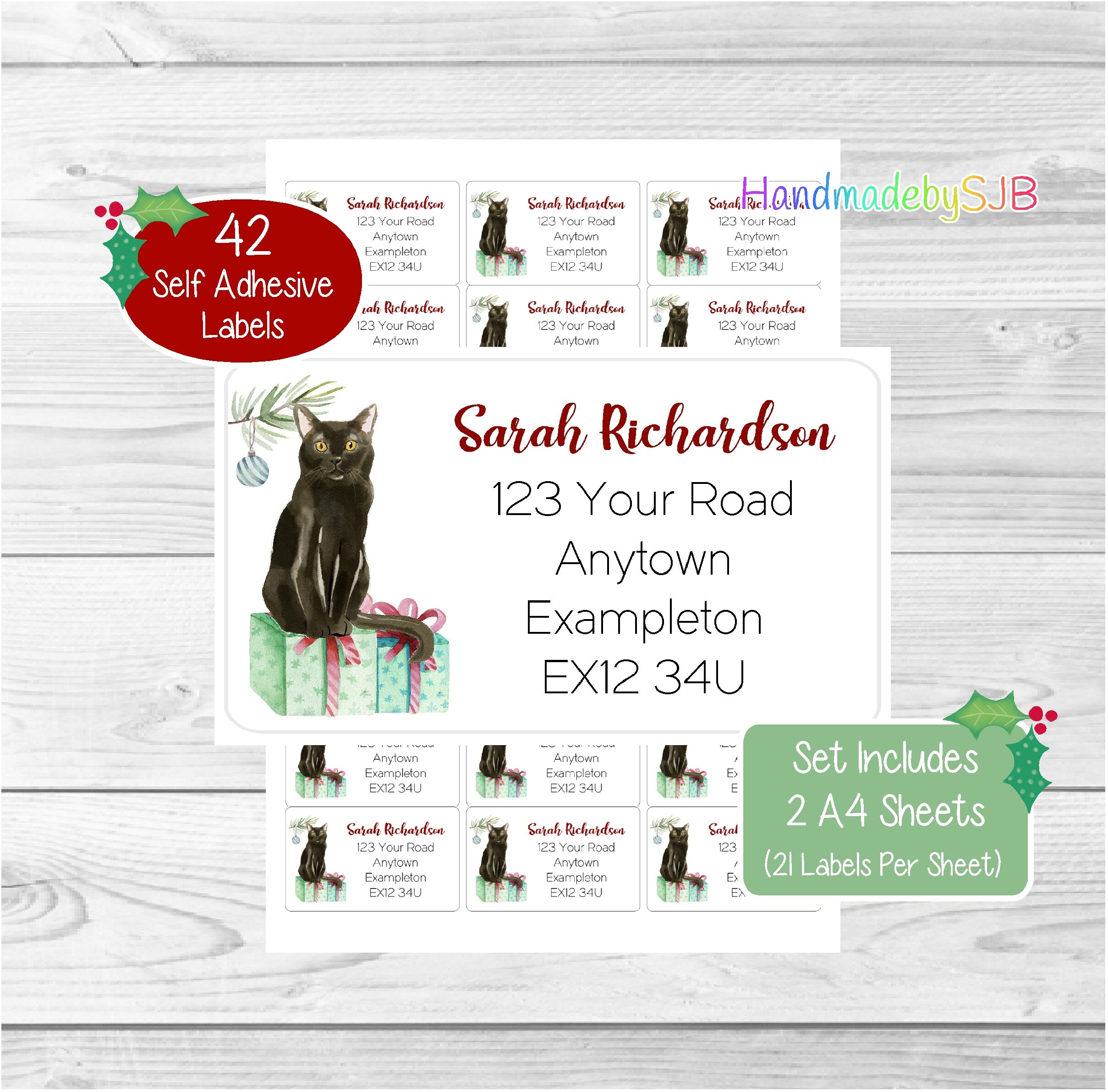 Bombay/Black Cat Personalised Christmas Return Address Labels, 42 Custom Stickers, Lovely Set Includes 2 A4 Sheets (21 per sheet)