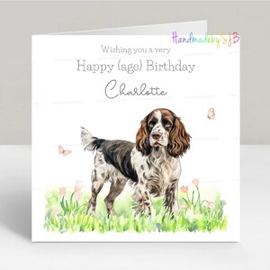 Gepersonaliseerde verjaardagskaart Engelse springerspaniël, elke naam/leeftijd, dochter/kleindochter/zus/nicht/vriend/moeder, 6 x 6 inch, blanco binnenkant