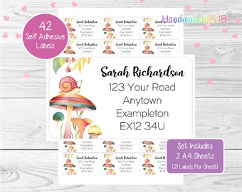 Snail Personalised Address Labels, 42 Custom Return Stickers, Fun Novelty Set Includes 2 A4 Sheets (21 per sheet)