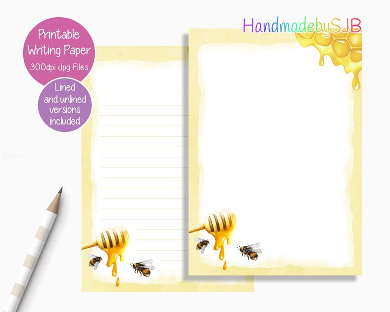 May include: Printable writing paper with a honey comb and dripping honey design. The paper is lined and includes a bee and honey dipper illustration. The text "Handmade by SJB" is in the top right corner.