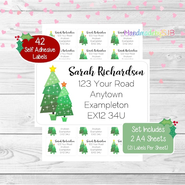 Christmas Tree Personalised Address Labels, 42 Custom Return Stickers, Fun Set Includes 2 A4 Sheets (21 per sheet)