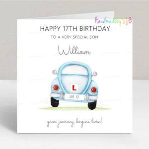 Tarjeta personalizada de 17.º cumpleaños, temática de conducción de coches/conducción en prácticas, 15 x 15 cm, interior en blanco, ideal para hijo/nieto/hermano/sobrino/ahijado/amigo.