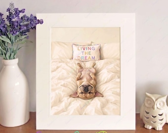 French Bulldog 'Living The Dream' Watercolour Print, Free-Standing 10"x8 Picture Mount, Cosy Dog Image, Frenchie Wall Art, Fun Birthday Gift