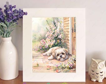 Shih Tzu Watercolour Print, Free-Standing 10" x 8" Picture Mount, Dog Wall Art, Birthday/Christmas/New Home Gift, Home Decor