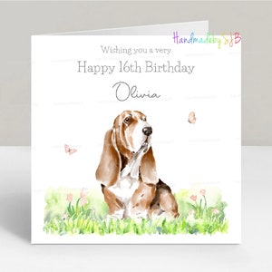 Carte d'anniversaire personnalisée pour chien Basset Hound, tous les noms/âges, fille/petite-fille/soeur/nièce/amie/maman, 6 x 6 po.