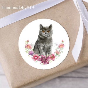 Stickers chat British Shorthair (Bleu), 40 mm (1,5 pouces), Finition mate, 48 stickers (2 feuilles A4), Étiquettes rondes pour enveloppes/cadeaux