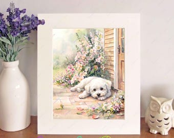 Bichon Frise Watercolour Print, Free-Standing 10" x 8" Picture Mount, Dog Wall Art, Birthday/Christmas/New Home Gift, Home Decor