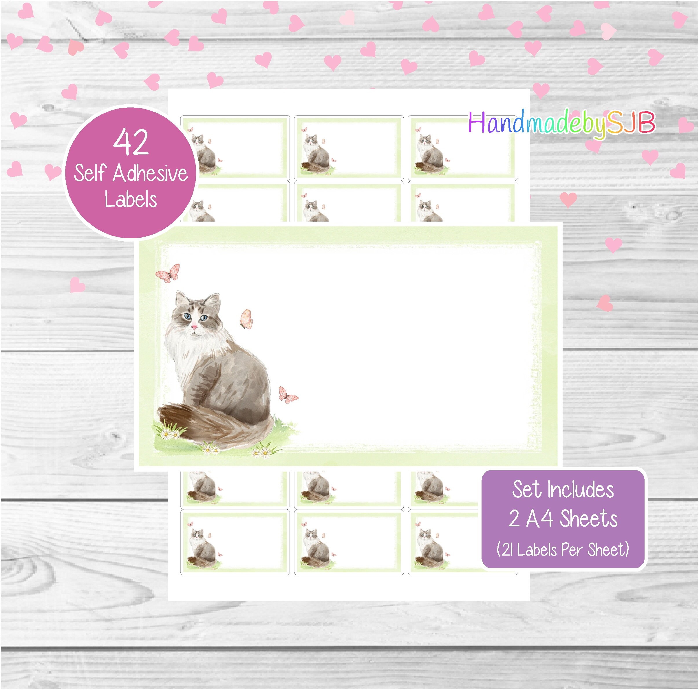 Siberian Cat Labels, 42 Blank Multi Purpose Stickers (2 A4 Sheets, 21 Per Sheet), Fun For Address Labels/Gift Tags/Party Bags