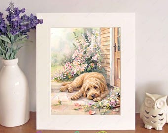Labradoodle Watercolour Print in a Free-Standing 10" x 8" Picture Mount, Dog Wall Art, Birthday/Christmas/New Home Gift, Home Decor
