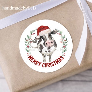 24 pegatinas navideñas de vacas, 40 mm (1,5 pulgadas), acabado mate, hoja A4, etiquetas redondas divertidas de animales de granja para sellos de sobres o regalos