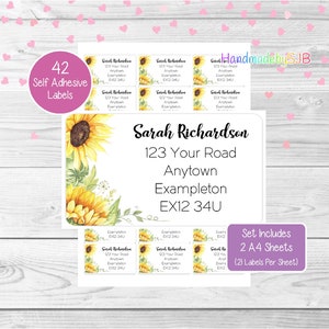 Sunflowers/Flowers Personalised Address Labels, 42 Custom Return Stickers, Set Includes 2 A4 Sheets (21 per sheet)