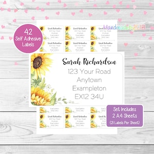 Sonnenblumen / Blumen personalisierte Adressaufkleber, 42 benutzerdefinierte Antwortaufkleber, Set enthält 2 A4-Blätter (21 pro Bogen)