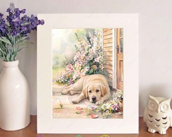 Labrador Retriever (Yellow) Watercolour Print in a Free-Standing 10" x 8" Picture Mount, Birthday/Christmas/New Home Gift, Dog Wall Art