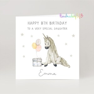 Cartão de aniversário de unicórnio personalizado, qualquer idade/relação/nome, cartão de felicitações para menina/filha/neta/sobrinha/irmã, 6"x6", em branco por dentro