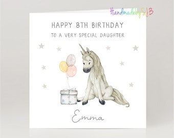 Personalised Unicorn Birthday Card, Any Age/Relation/Name, Baby Girl/Daughter/Granddaughter/Niece/Sister Greeting Card, 6"x6", Blank Inside