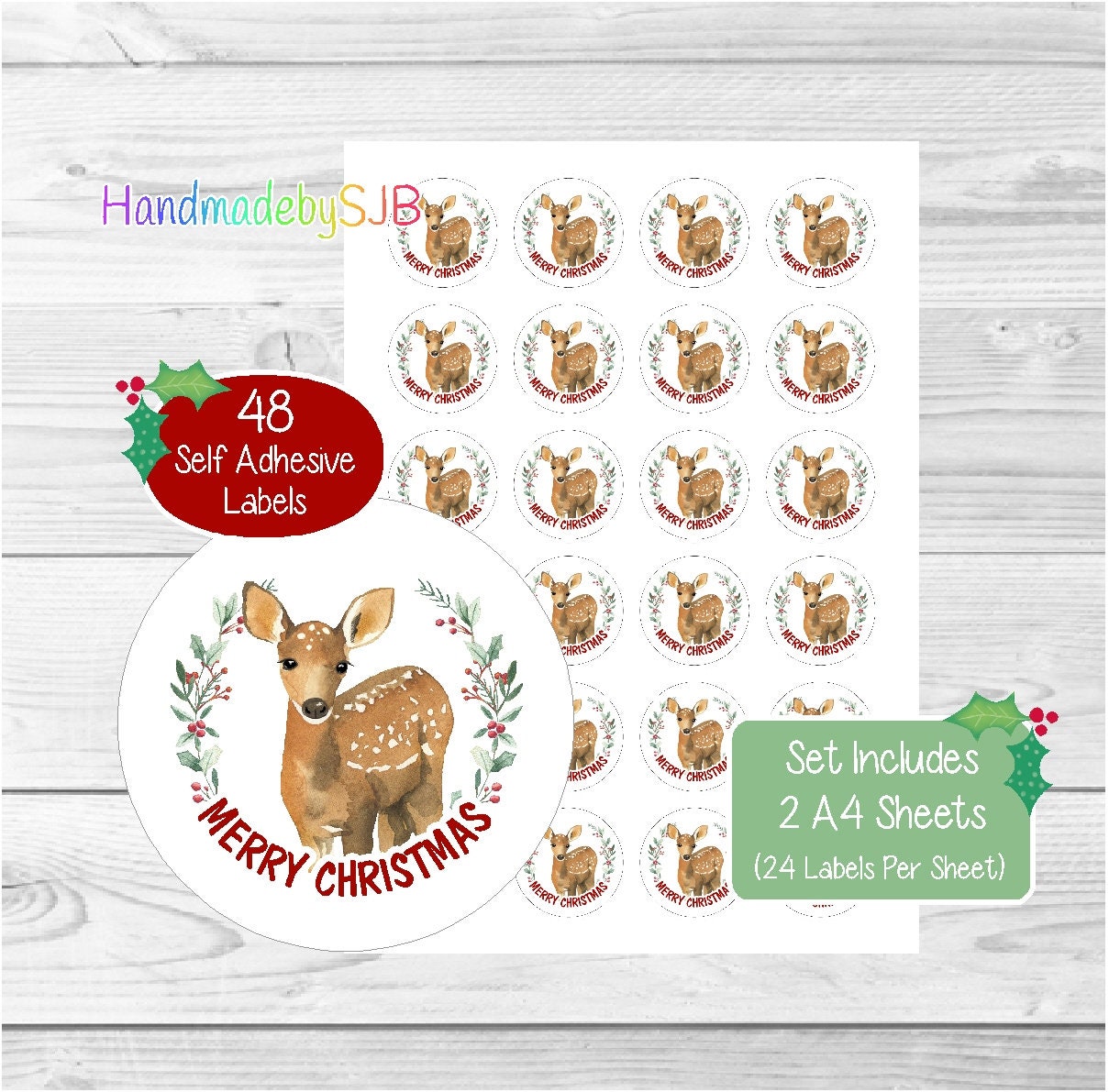 Deer Christmas Stickers/Envelope Seals, 48 Round Labels (2 A4 Sheets, 24 Per Sheet), Great For Cards/Gifts/Labelling Products