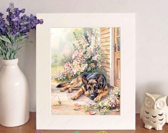 German Shepherd Dog Watercolour Print, Free-Standing 10" x 8" Picture Mount, Lovely Birthday/Christmas/New Home Gift, Home Decor