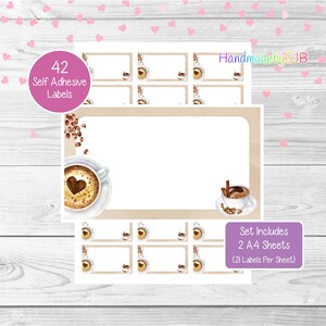 May include: A set of 42 self-adhesive labels featuring a coffee cup design. The labels are printed on two A4 sheets, with 21 labels per sheet. The labels are ideal for adding a touch of personality to your gifts, jars, or other items.