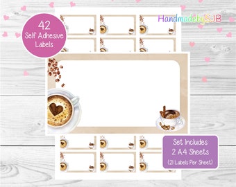 Coffee Labels, 42 Blank Multi Purpose Stickers (2 A4 Sheets, 21 Per Sheet), Fun For Address Labels/Gift Tags/Labelling Products