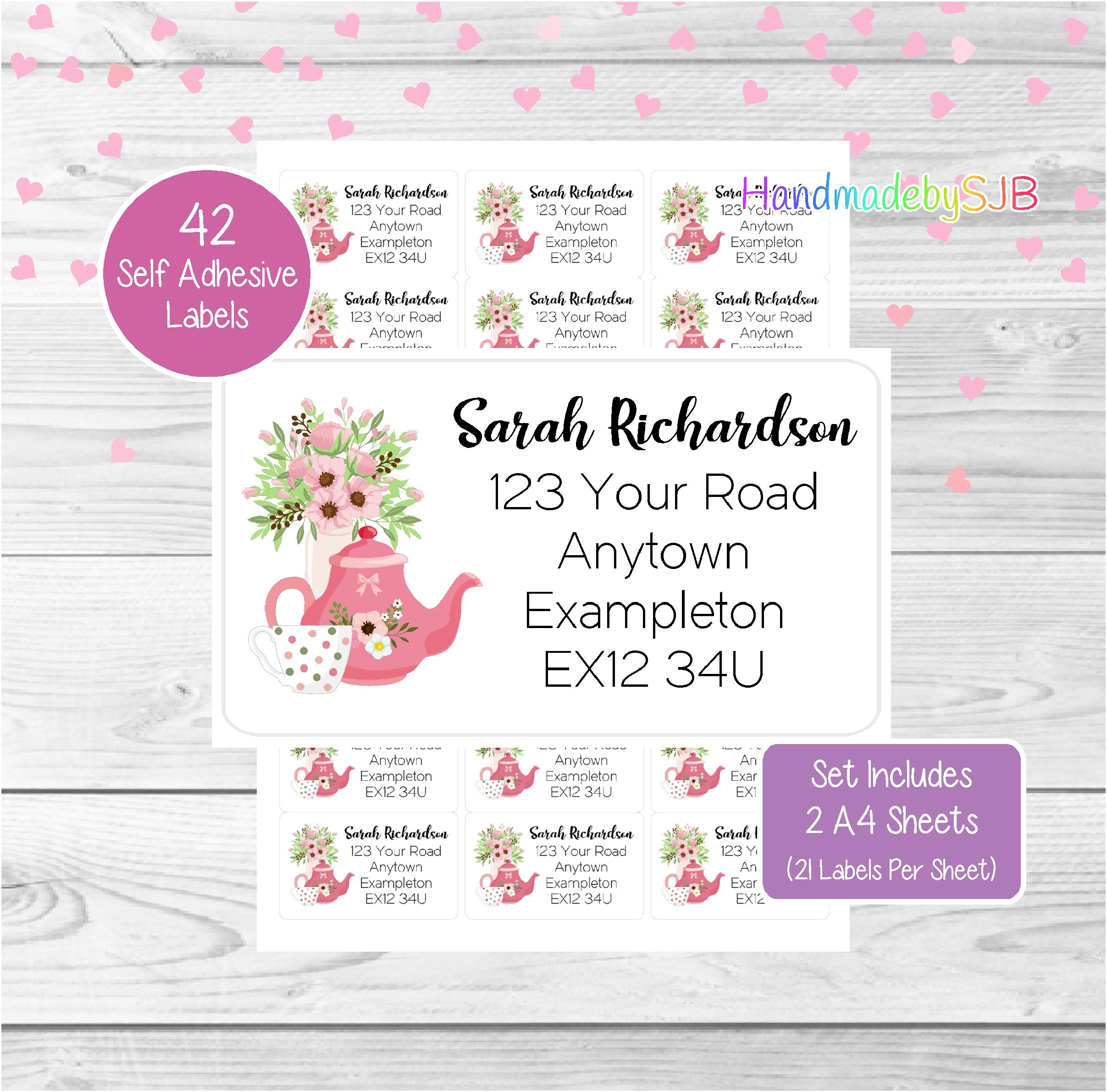 Tea Time Personalised Address Labels, 42 Custom Return Stickers, Lovely Set Includes 2 A4 Sheets (21 per sheet)