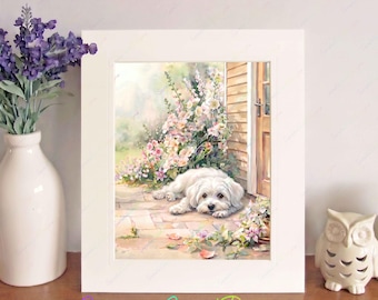 Maltese Watercolour Print, Free-Standing 10" x 8" Picture Mount, Dog Wall Art, Birthday/Christmas/New Home Gift, Home Decor