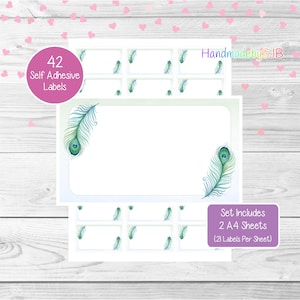 May include: A set of 42 self-adhesive labels featuring a peacock feather design. The labels are printed on two A4 sheets, with 21 labels per sheet. The labels are white with a green and blue peacock feather design.