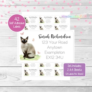 Siamese Cat Personalised Address Labels, 42 Custom Return Stickers, Lovely Set Includes 2 A4 Sheets (21 per sheet)