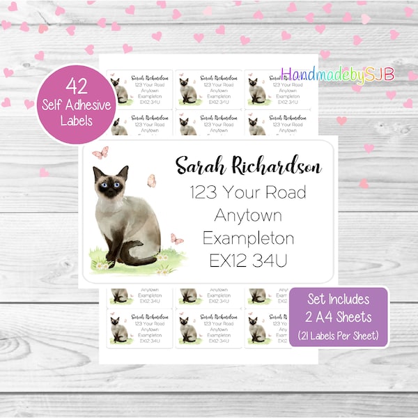 Siamese Cat Personalised Address Labels, 42 Custom Return Stickers, Lovely Set Includes 2 A4 Sheets (21 per sheet)