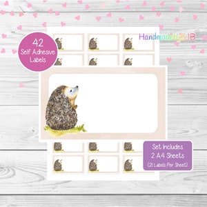 May include: A set of 42 self-adhesive labels featuring a watercolour illustration of a hedgehog. The labels are printed on two A4 sheets, with 21 labels per sheet. The text "HandmadebySJB" is visible in the top right corner of the image.