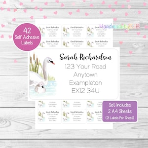 Etiquetas de dirección personalizadas con forma de cisne, 42 pegatinas de devolución personalizadas, bonito juego que incluye 2 hojas A4 (21 por hoja)