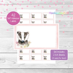 May include: A set of 42 self-adhesive labels featuring a watercolour illustration of a badger with pink flowers. The labels are printed on two A4 sheets, with 21 labels per sheet. The text "HandmadebySJB" is printed in the top right corner of the image.