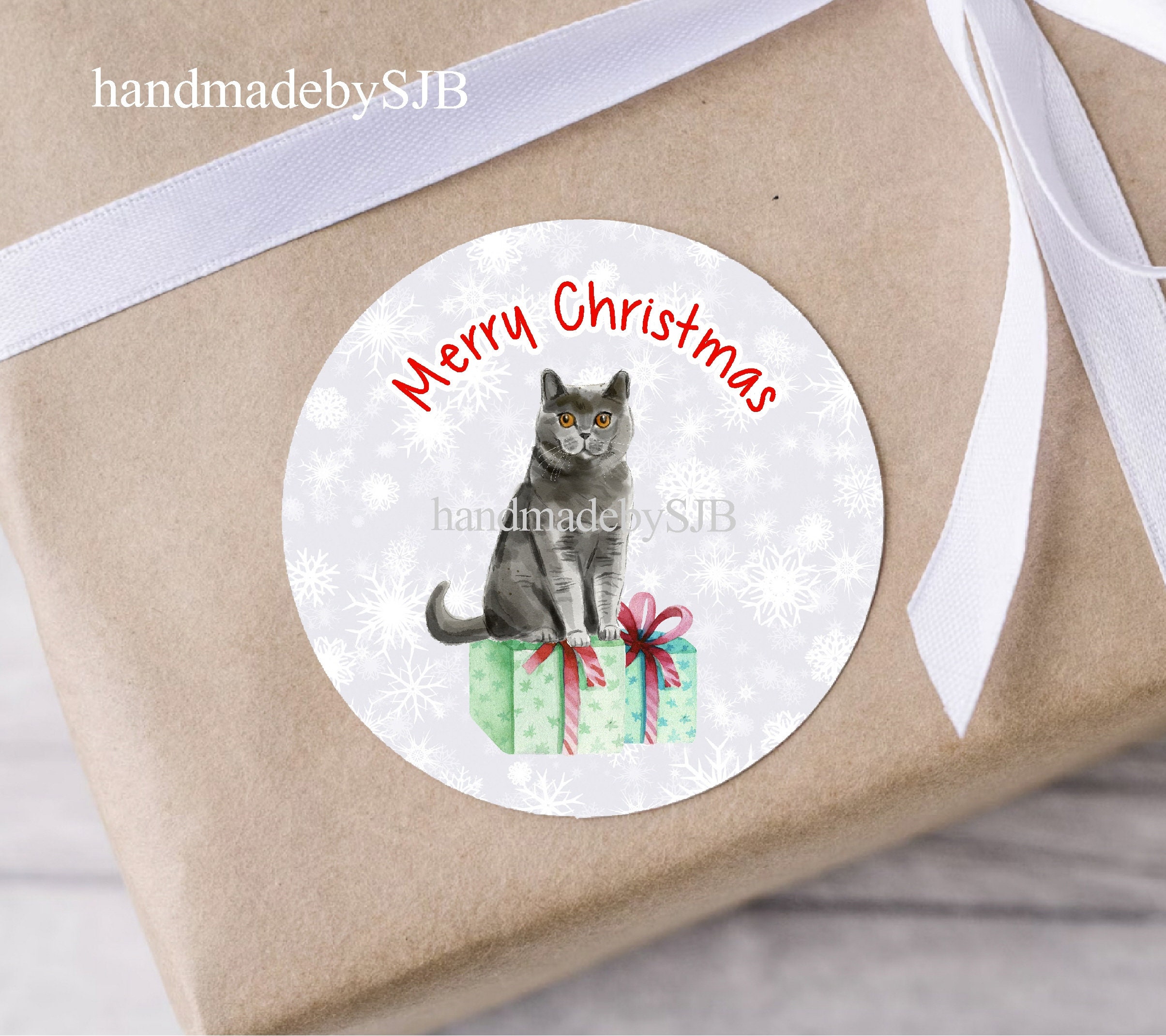 British Shorthair (Blue) Cat Christmas Stickers/Envelope Seals, 48 Round Labels (2 A4 Sheets, 24 Per Sheet), For Party Bags/Cards/Gifts