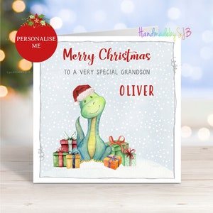 Cartão de Natal personalizado de dinossauro, qualquer parentesco, filho/filha/neto/neta/sobrinha/sobrinho/irmão/irmã, 6"x6", em branco por dentro
