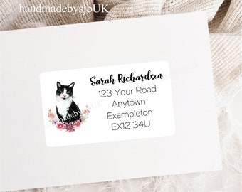 Domestic Shorthair Cat (Black & White/Tuxedo) Personalised Address Labels, 42 Return Stickers (2 A4 Sheets), 2.5" x 1.5", Matte Finish, No2