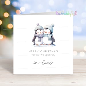 Carte de Noël belle-famille, joyeux Noël à mes merveilleux beaux-parents, jolie carte de couple pingouin, 15 x 15 cm (6 po. x 6 po.)
