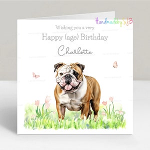 Carte d'anniversaire personnalisée bouledogue, tout âge, fille/petite-fille/soeur/nièce/amie/maman, 6 x 6 po.