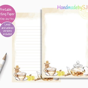 Pode incluir: Papel de escrita imprimível com um fundo de aquarela que apresenta um bule, uma xícara de chá, limões e paus de canela. O papel é riscado e inclui o texto "Printable Writing Paper 300dpi jpg Files Lined and unlined versions included" e "HandmadebySJB".