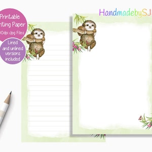 May include: Printable writing paper with a sloth hanging from a branch with green leaves and pink flowers. The paper is lined and has a green background with a white border. The text "HandmadebySJB" is in the top right corner.