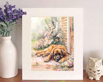 Leonberger Watercolour Print, Free-Standing 10" x 8" Picture Mount, Dog Wall Art, Birthday/Christmas/New Home Gift, Home Decor