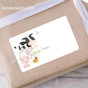 Étiquettes cadeaux Animaux de la ferme, 21 autocollants To From, 1 feuille A4, Finition mate, 2,5 x 1,5 pouces, Cadeau d'anniversaire Étiquettes cadeaux