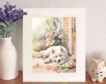 Samoyed Watercolour Print, Free-Standing 10" x 8" Picture Mount, Dog Wall Art, Birthday/Christmas/New Home Gift, Home Decor