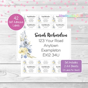 Etiquetas de dirección personalizadas con flores o ramos en azul y marfil, 42 pegatinas de devolución personalizadas, el hermoso juego floral incluye 2 hojas A4 (21 por hoja)