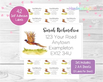 Pheasant Personalised Address Labels, 42 Custom Return Stickers, Lovely Set Includes 2 A4 Sheets (21 per sheet)